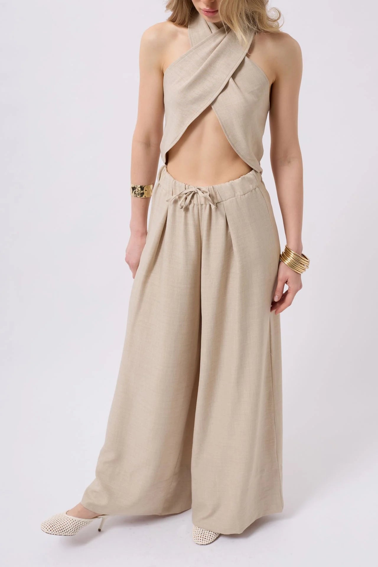 Düşük Bel Oversize Keten Taş Pantolon