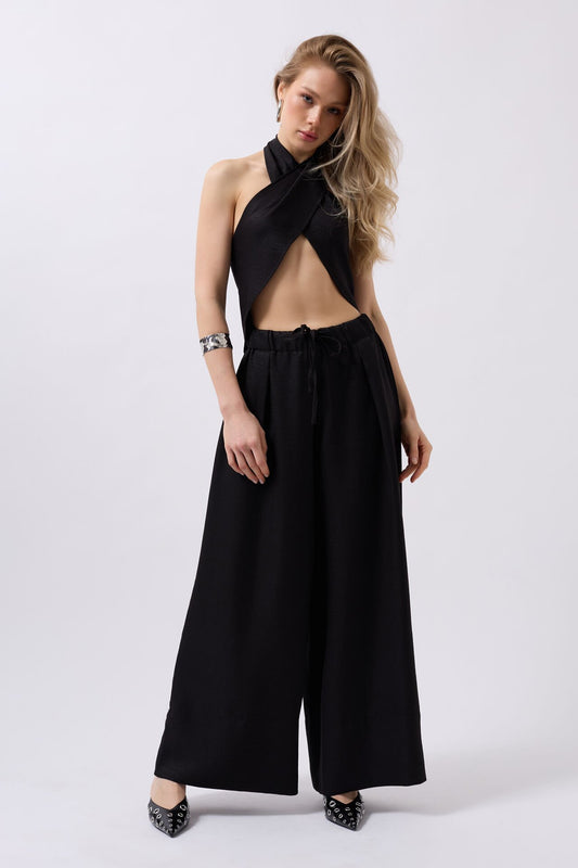 Düşük Bel Oversize Keten Siyah Pantolon