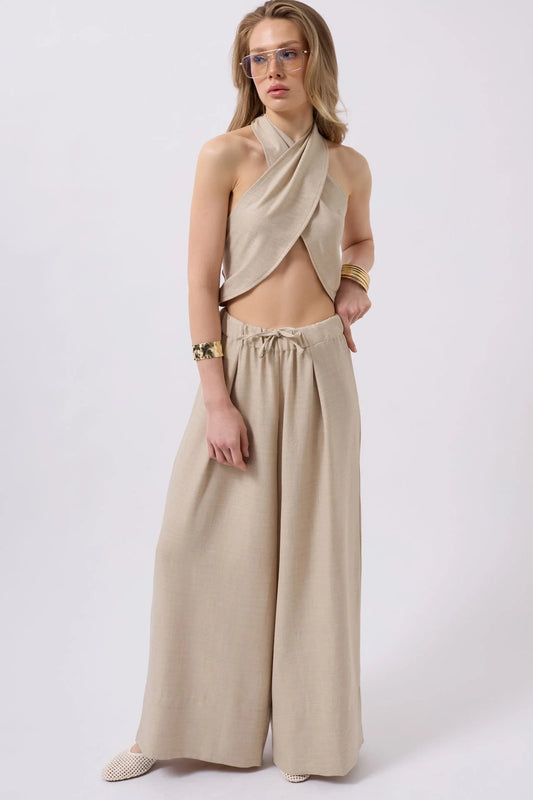Düşük Bel Oversize Keten Taş Pantolon
