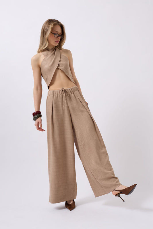 Düşük Bel Oversize Keten Vizon Pantolon