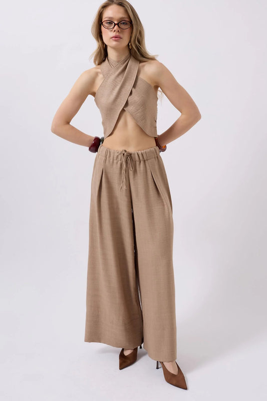 Düşük Bel Oversize Keten Vizon Pantolon