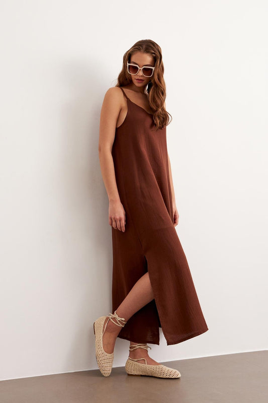 Askı Ayarlı Oversize Müslin Elbise Kahverengi